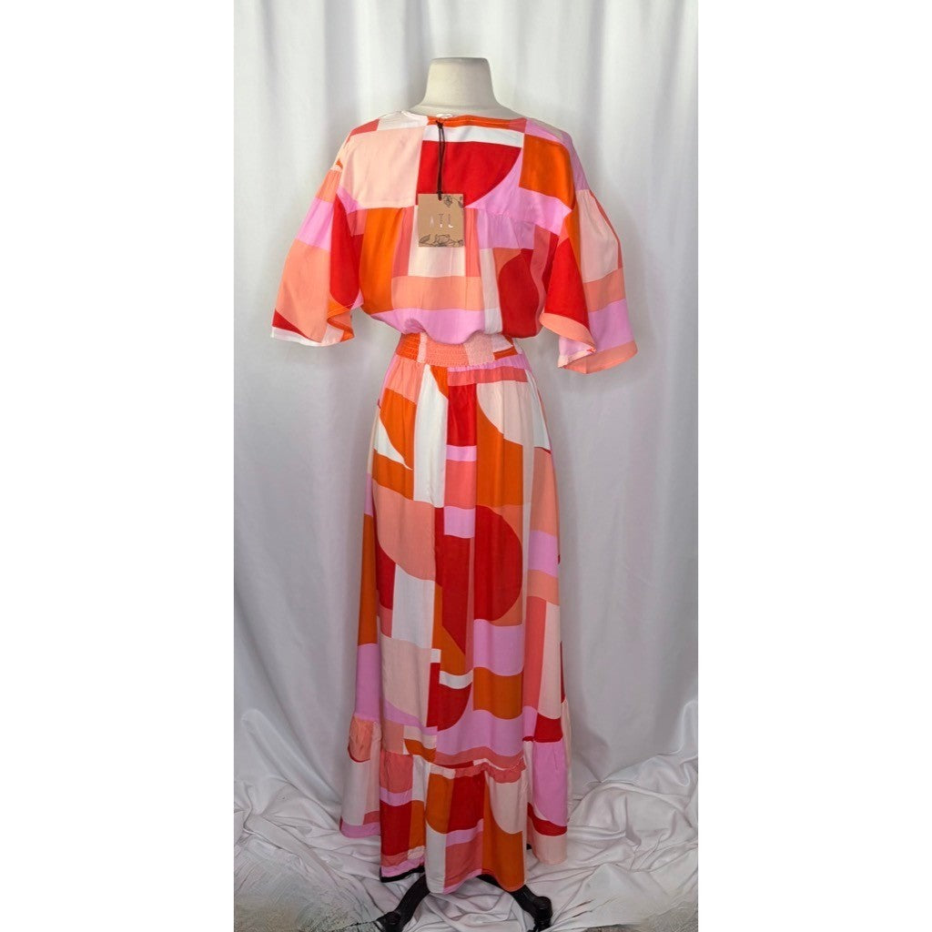 NWT! ATL ABEL THE LABEL Nova Maxi Dress High Low Pink Colorblock Abstract Medium