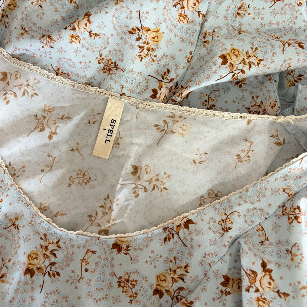 SPELL & THE GYPSY Fleur Frill Bias Maxi Dress Teapot Blue Floral Bohemian Large