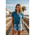 DISNEY Mickey Mouse Minnie Mouse Cropped Tie Waist Buttondown Shirt Blue Small
