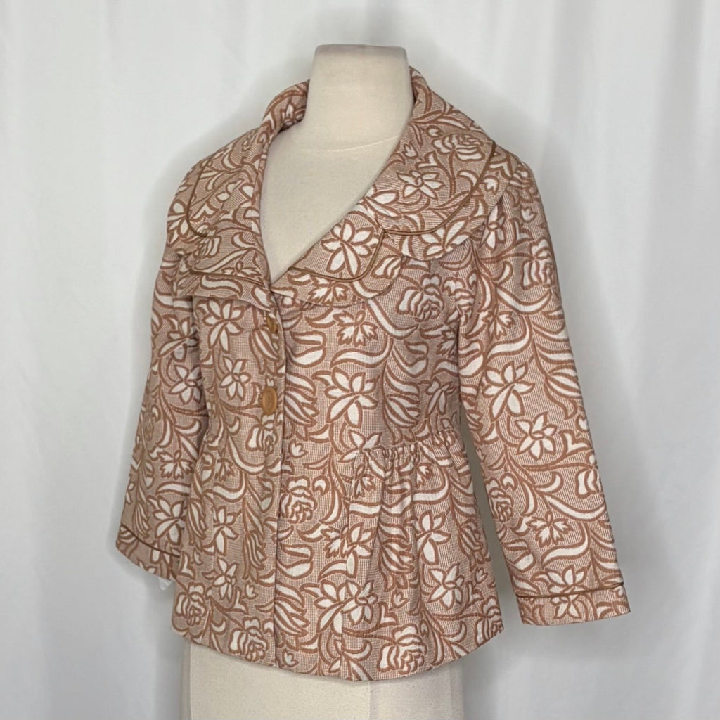 Anthropologie ELEVENSES Floral Jacquard Peplum Blazer Jacket Cream Tan Size 8