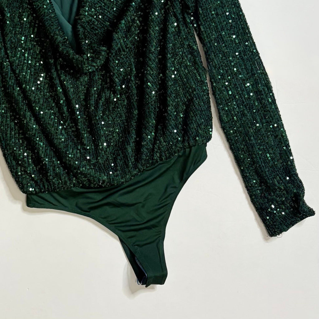 NWT!! Revolve CAMILA COELHO Green Sequin Cece Bodysuit Draped Neckline Small