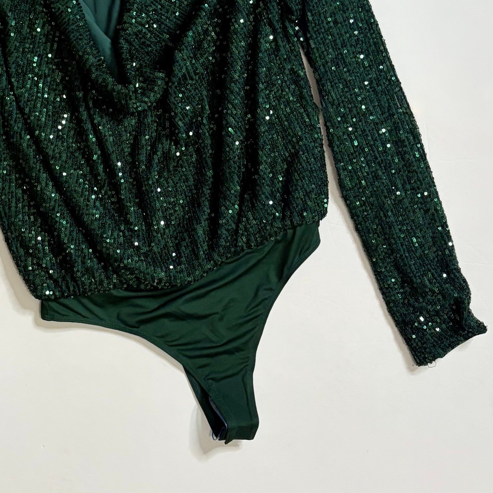 NWT!! Revolve CAMILA COELHO Green Sequin Cece Bodysuit Draped Neckline Small