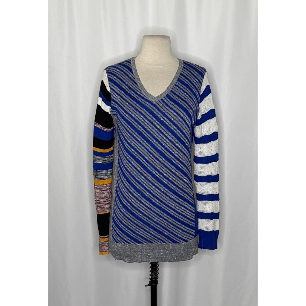 DESIGUAL Nieves V-Neck Pullover Sweater Colorful Stripes Metallic Large