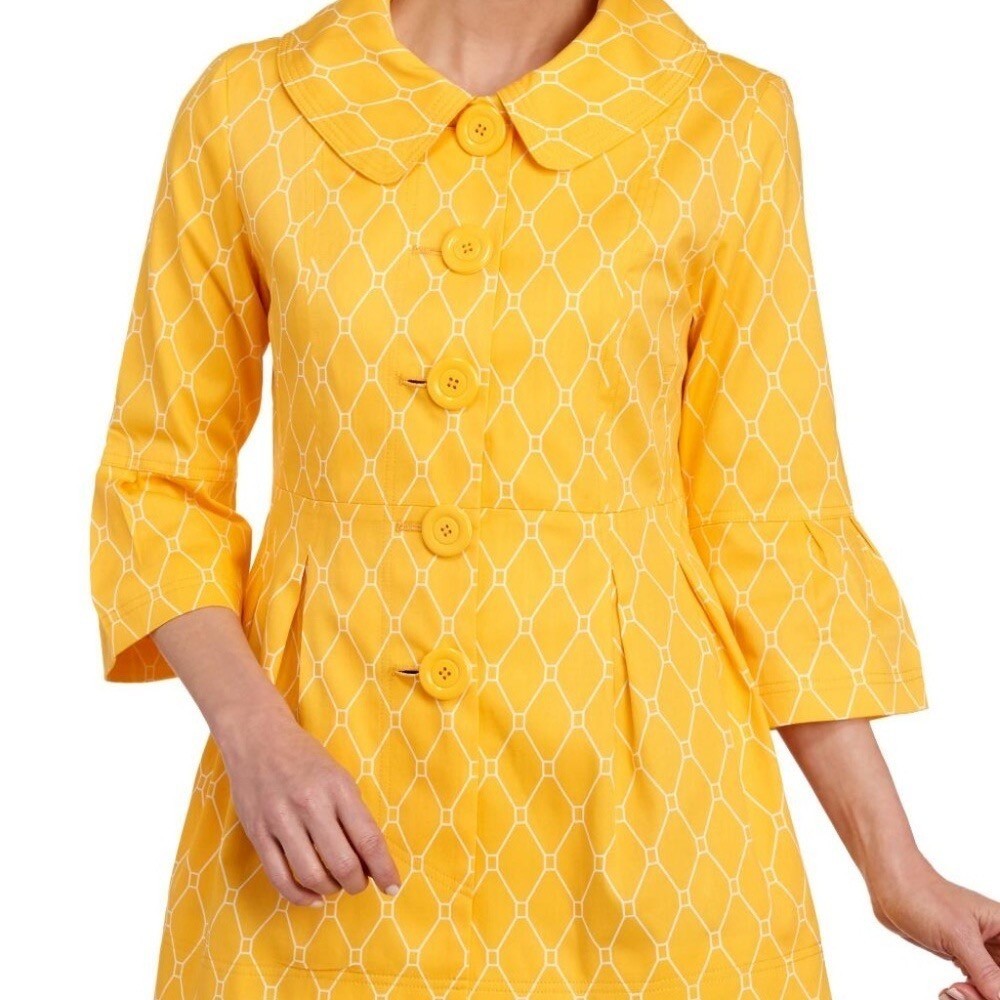 EDEN COURT Yellow White Geometric Print Coat Jacket Bell Sleeves Pockets Large