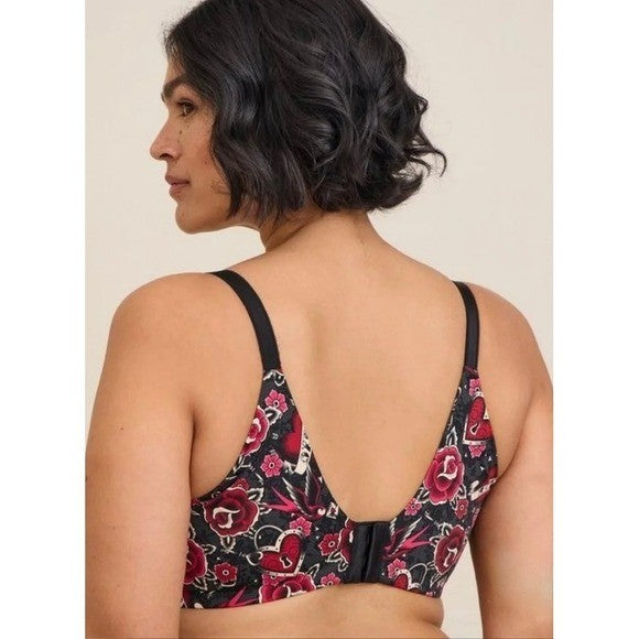 TORRID Curve Dream Tattoo Valentine Floral Hearts Black Wire-Free Bra Size 40H