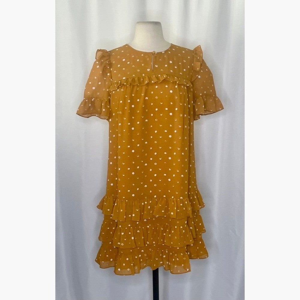 J. CREW Point Sur Ruffled Crinkle Polka Dot Dress Warm Caramel Party Size 2