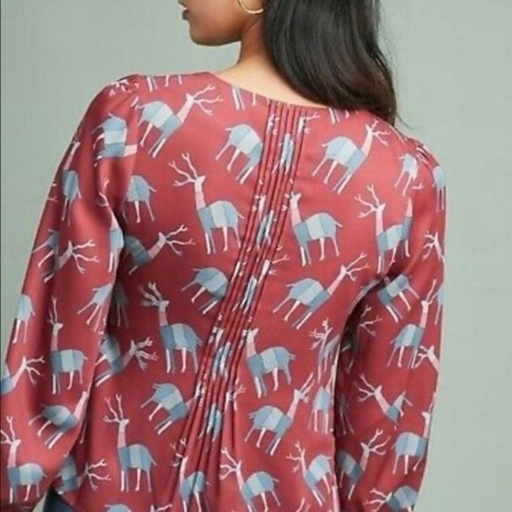 Anthropologie GEISHA DESIGNS Reindeer Deer Print Pleated Top Blouse Medium