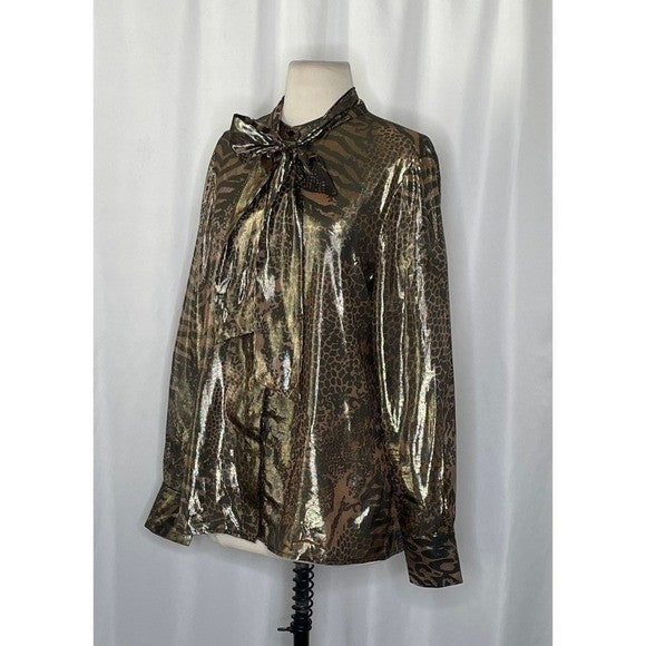 REISS Kendall Metallic Animal Print Tie Neck Blouse Gold Buttondown Size 8