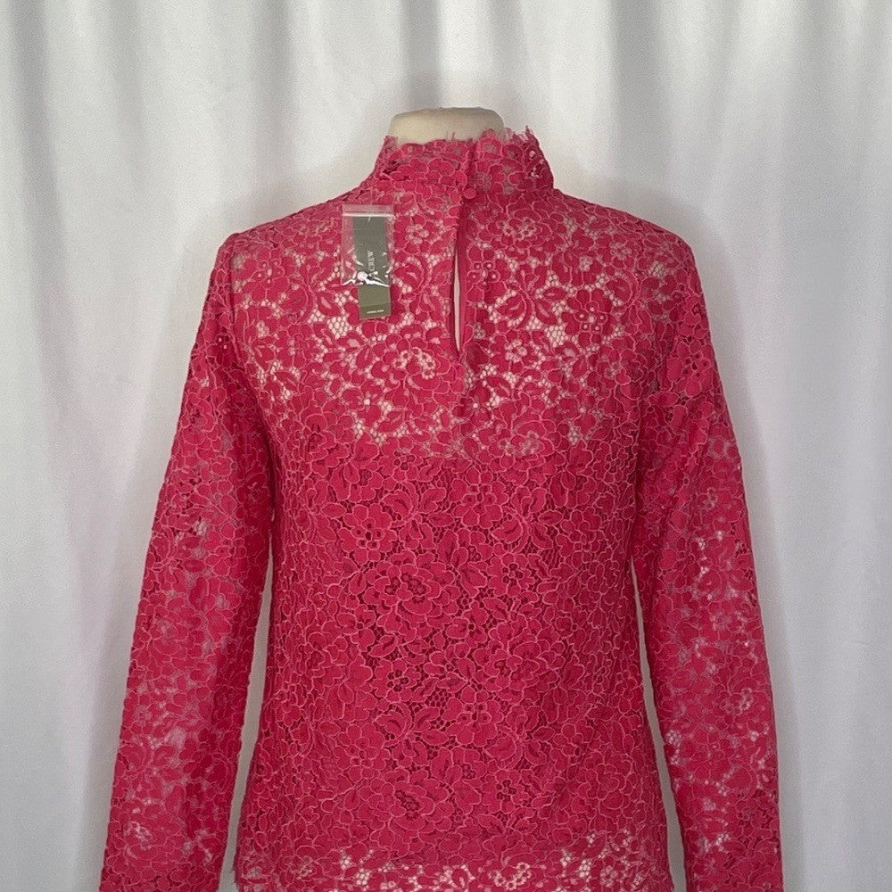 NWT!! J. CREW Scalloped Lace Mockneck Top Blouse Dragon Fruit Pink Size 14