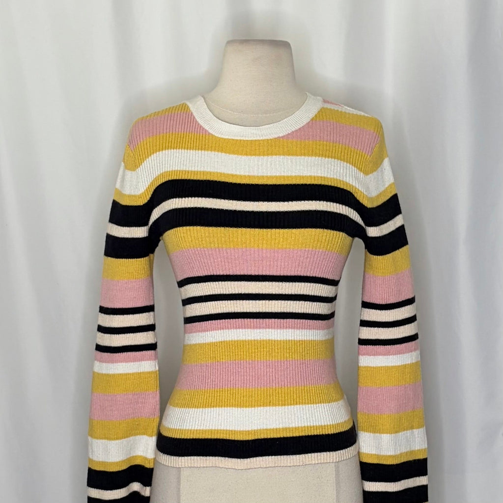FRAME Denim Baja Citrine Stripe Sweater Cashmere Ribbed Knit Flare Sleeves Small