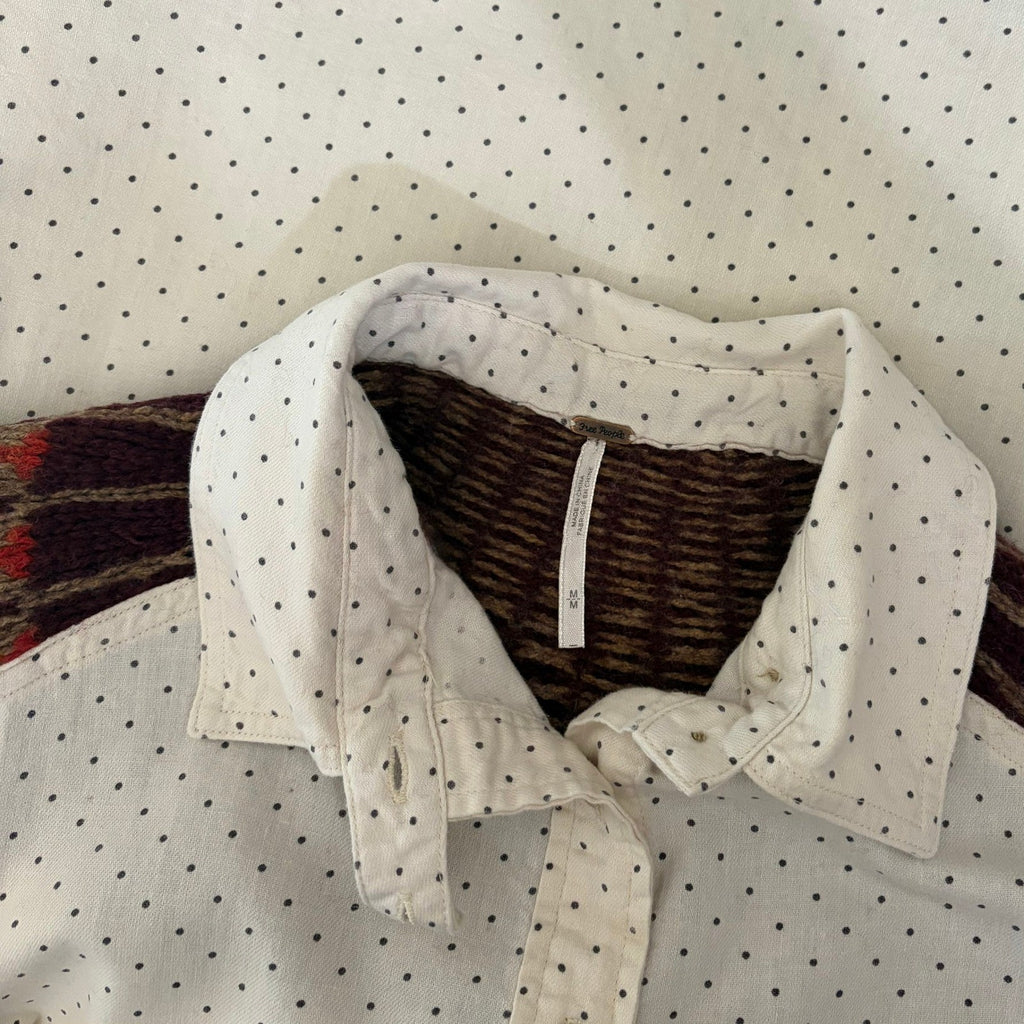 FREE PEOPLE Mixed Media Sage Buttondown Shirt Wool Western Polka Dot Medium
