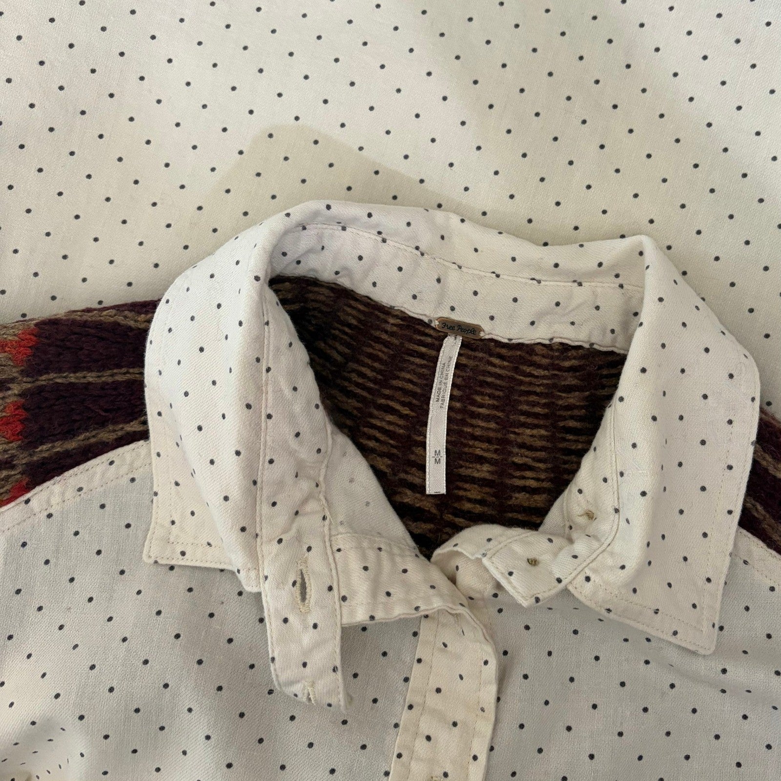 FREE PEOPLE Mixed Media Sage Buttondown Shirt Wool Western Polka Dot Medium