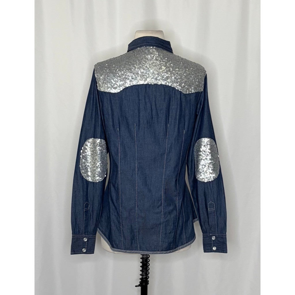 TASHA POLUZZI Roxy Denim Sequin Embellished Snap Front Shirt Western Rodeo Small