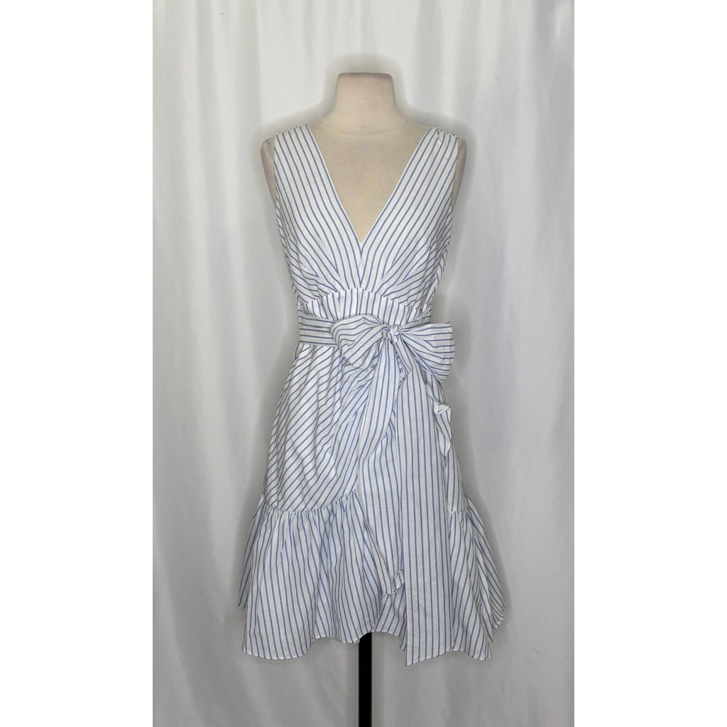 REBECCA TAYLOR Sleeveless Stripe Linen Wrap Dress Ruffle White Milk Blue Sky 4