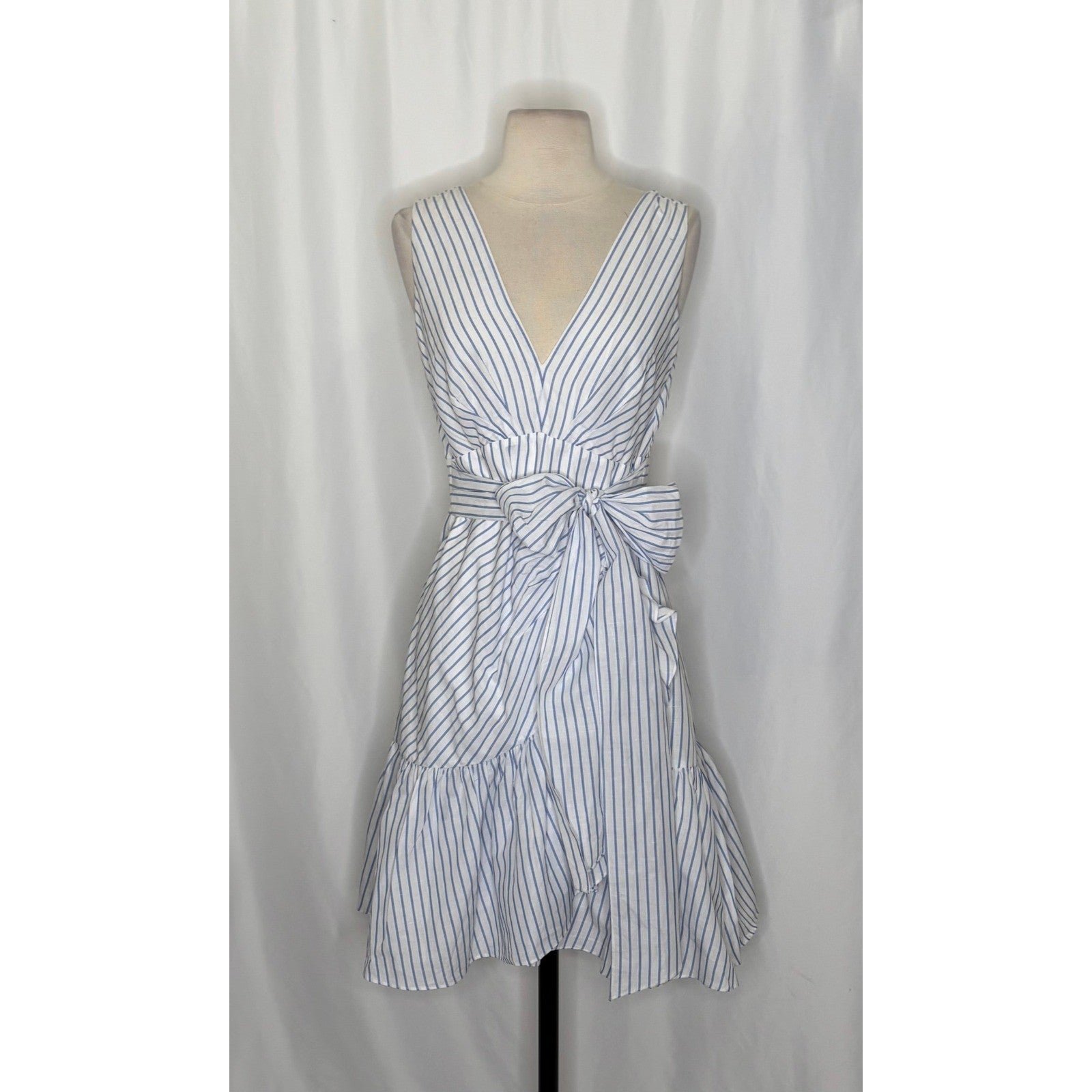 REBECCA TAYLOR Sleeveless Stripe Linen Wrap Dress Ruffle White Milk Blue Sky 4