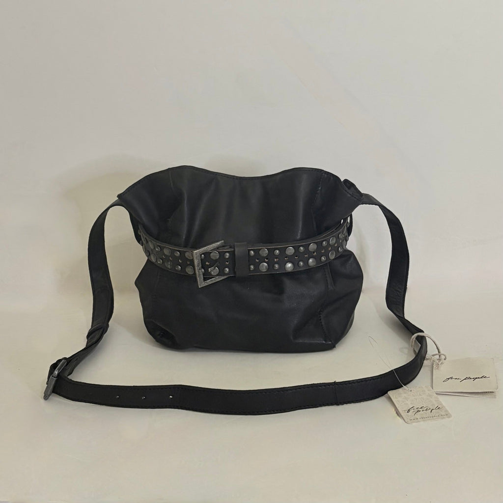 NWT!! FREE PEOPLE Black Leather Embellished Belt Bucket Bag Studded Studs Solid