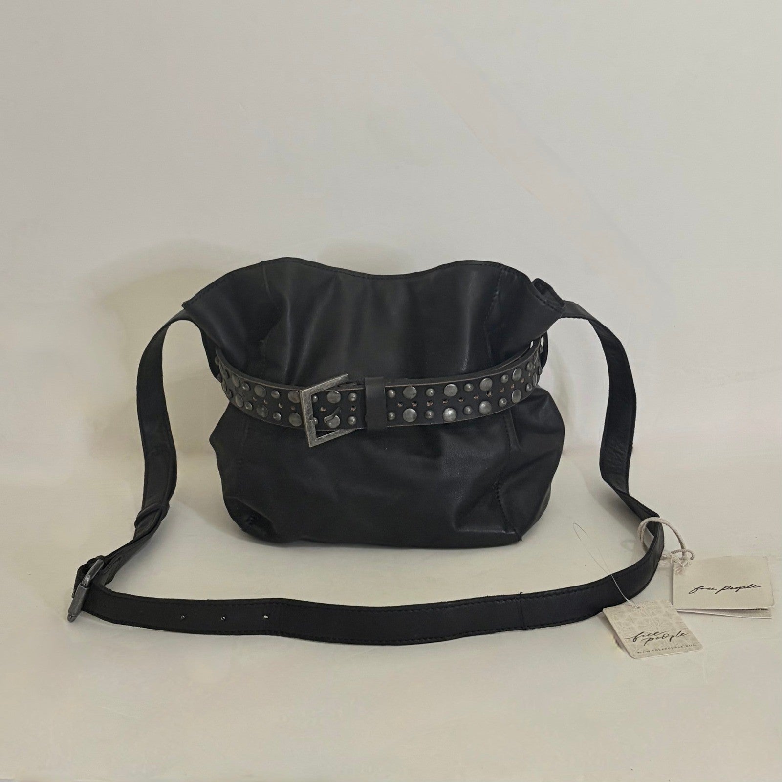 NWT!! FREE PEOPLE Black Leather Embellished Belt Bucket Bag Studded Studs Solid
