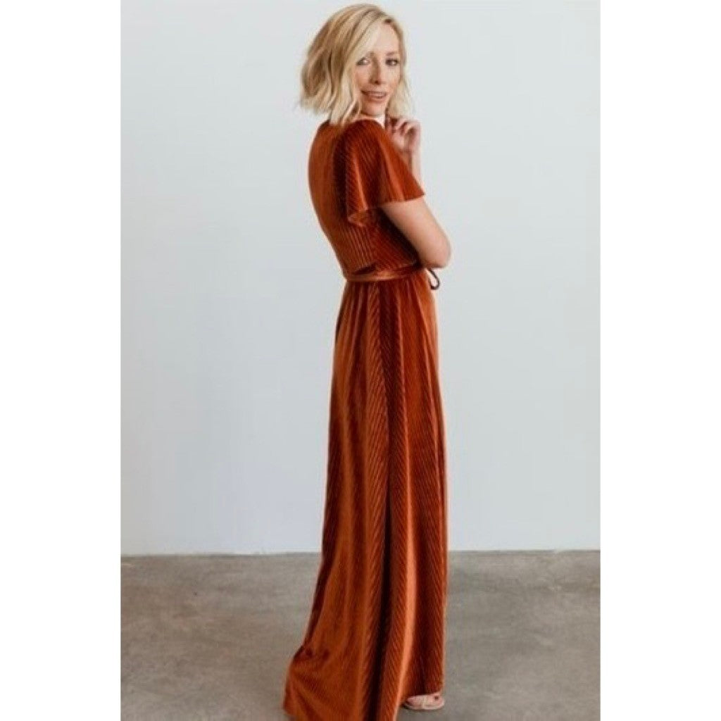 BALTIC BORN Andi Velvet High Low Maxi Dress Ribbed Party Holiday Copper Rust XS