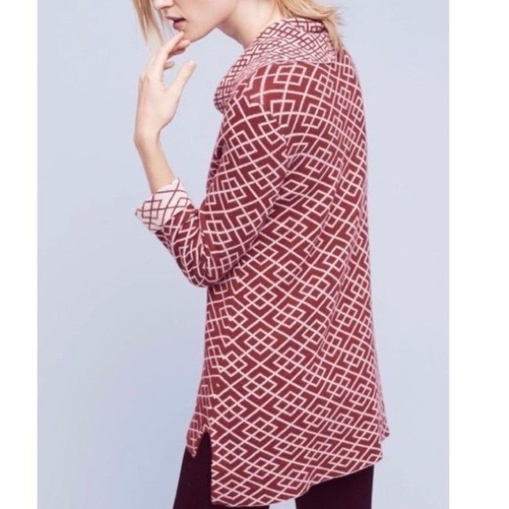 Anthropologie MOTH Galena Cowl Neck Sweater Maroon Pink Jacquard Geometric Small