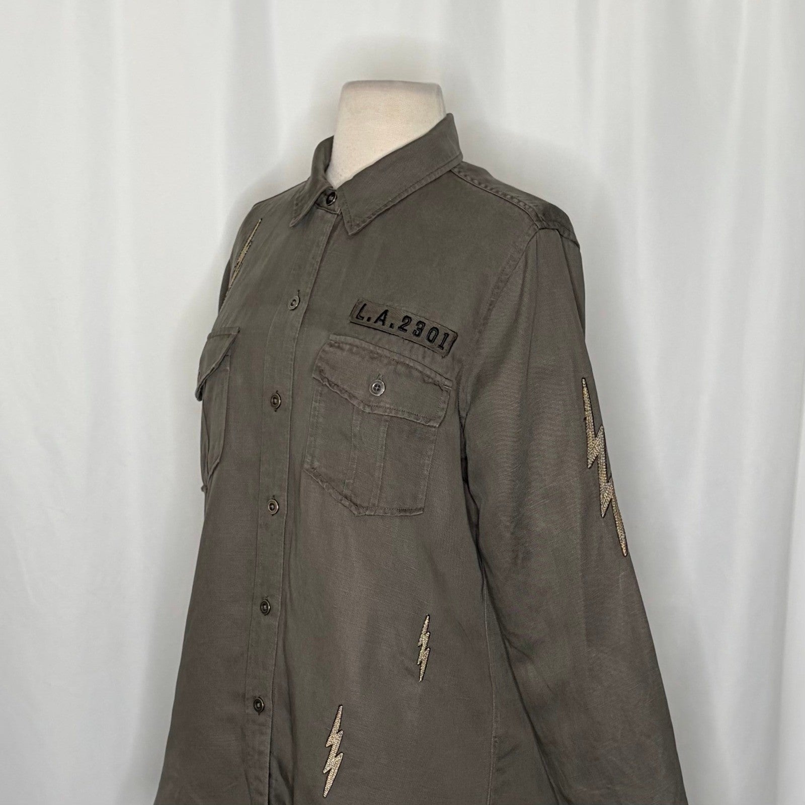 RAILS Loren Olive Lightning Bolts Buttondown Military Style Jacket Top Medium