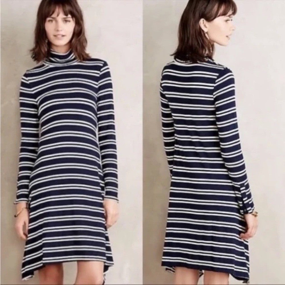Anthropologie MAEVE Navy Blue White Striped Turtleneck Jersey Knit Dress Small