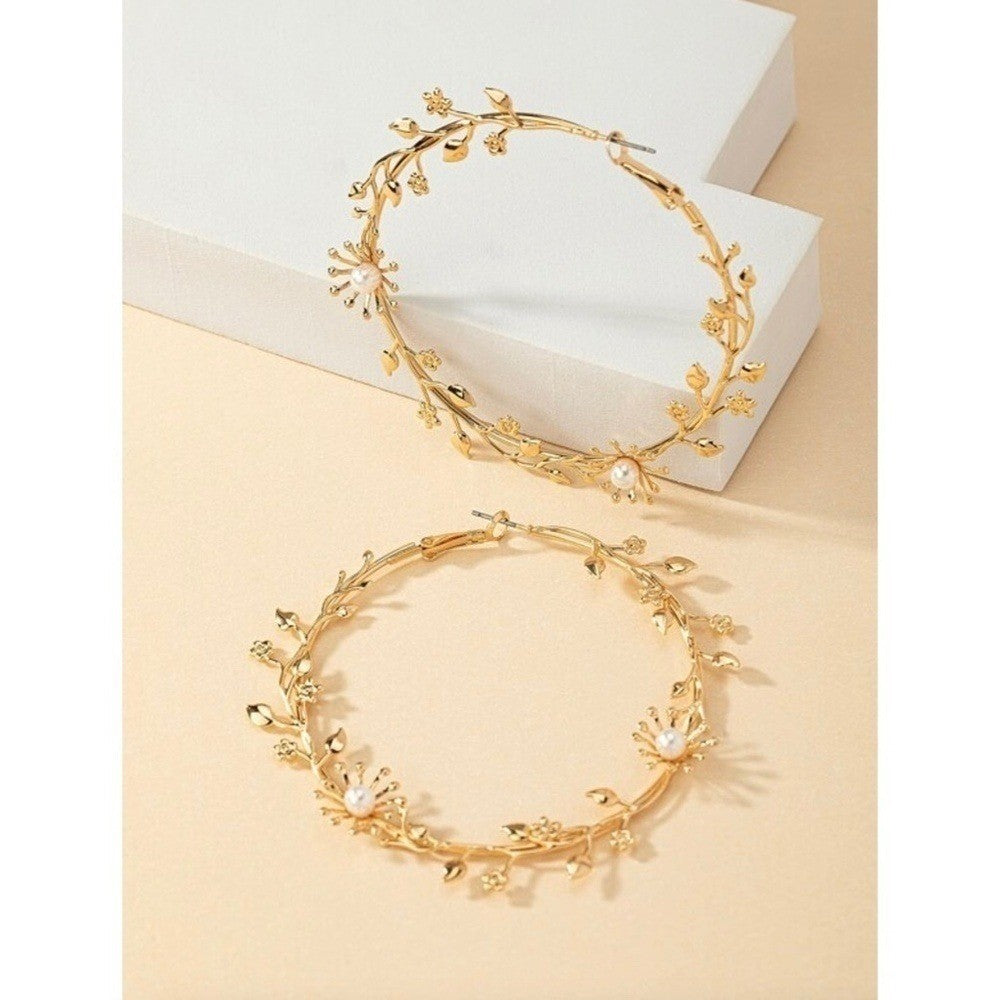 NEW!! Gold Leaf Pearl Hoop Earrings Large Round Floral Boho Circle Pearls Bridal