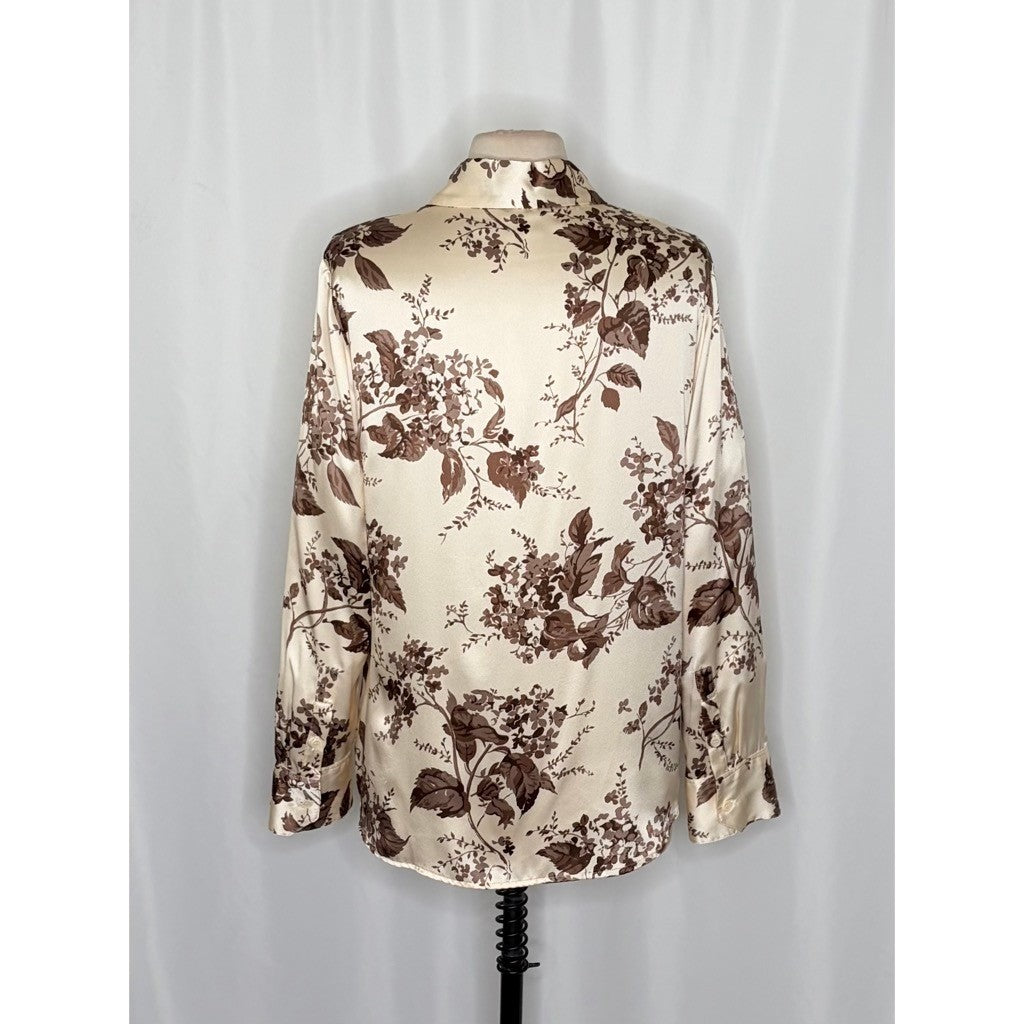REFORMATION Silk Floral Print Blouse Top Buttondown Cream Brown Chic Large