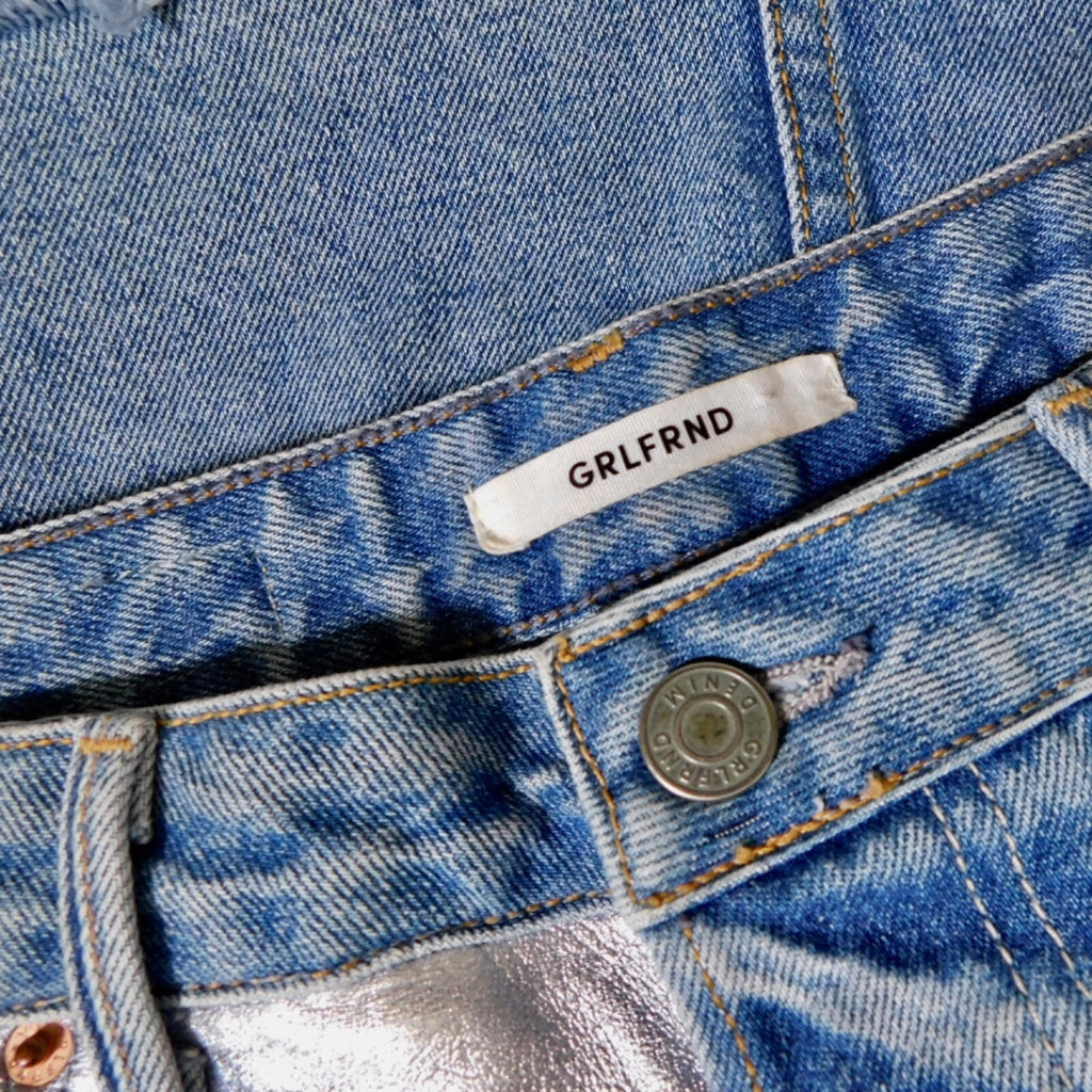 GRLFRND Girlfriend Milla Metallic Panel Denim Silver Mini Skirt Two Face Size 28