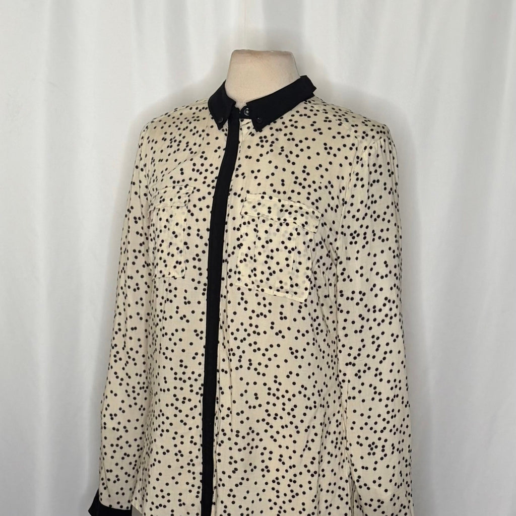 Anthropologie MAEVE Bagatelle Buttondown Shirt Ivory Black Polka Dot Pockets 10