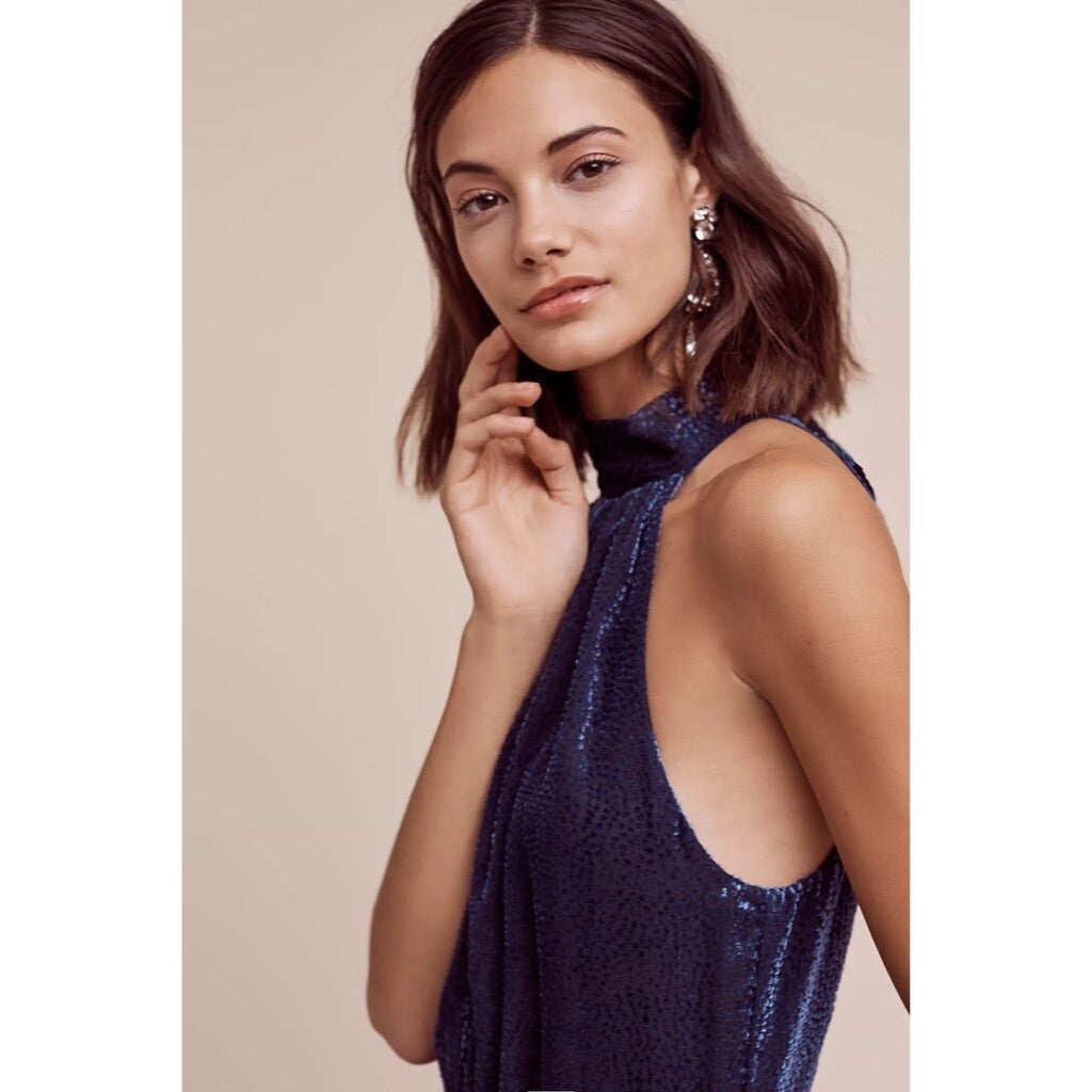 Anthropologie ELEVENSES Velvet Nova Jumpsuit Mock Neck Textured Blue Size 6