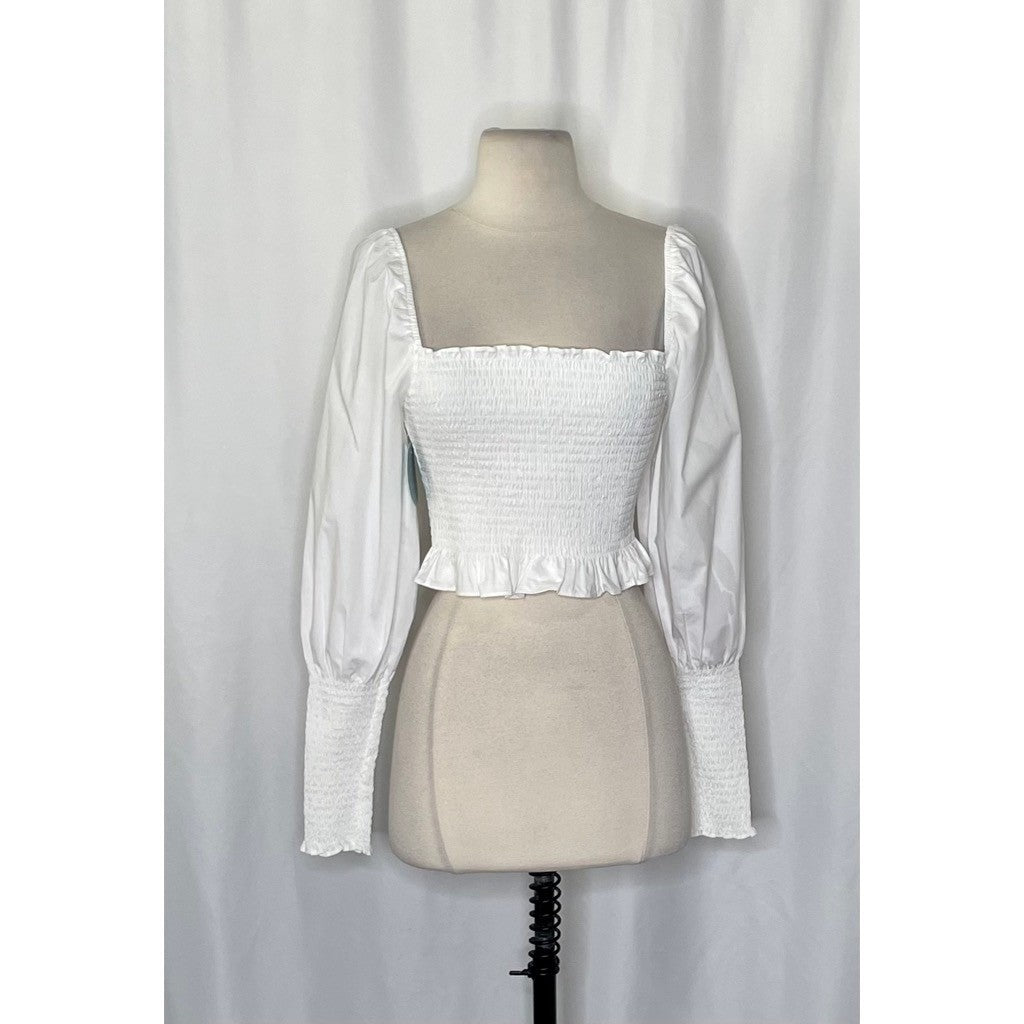 NWT!! HILL HOUSE The Grace Nap Top Smocked Solid White Cropped Ruffled Small