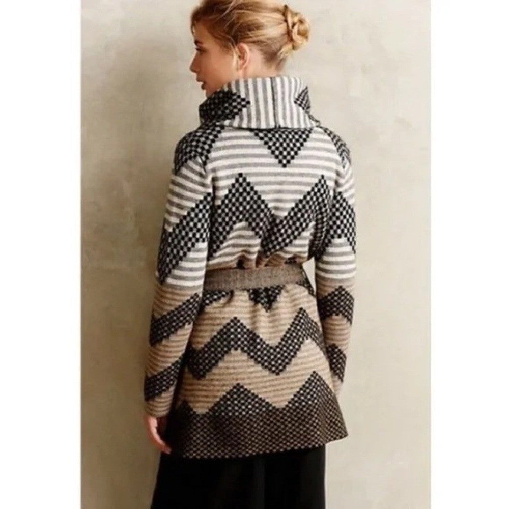 Anthropologie FIELD FLOWER Chevron Stripe Belted Wool Sweater Coat Hood X-Small