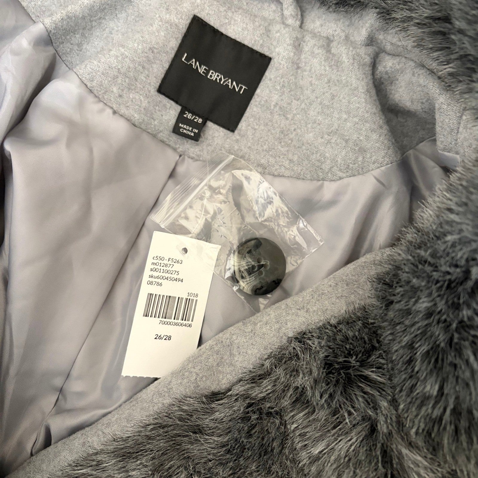 NWT!! LANE BRYANT Grey Belted Trench Coat Faux Fur Collar Cuffs Size 26 28