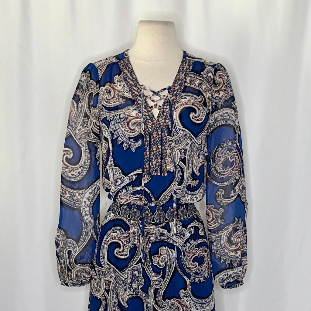 NEW!! WHBM Blue Paisley Smocked Waist Lace-Up Dress White House Black Market 0