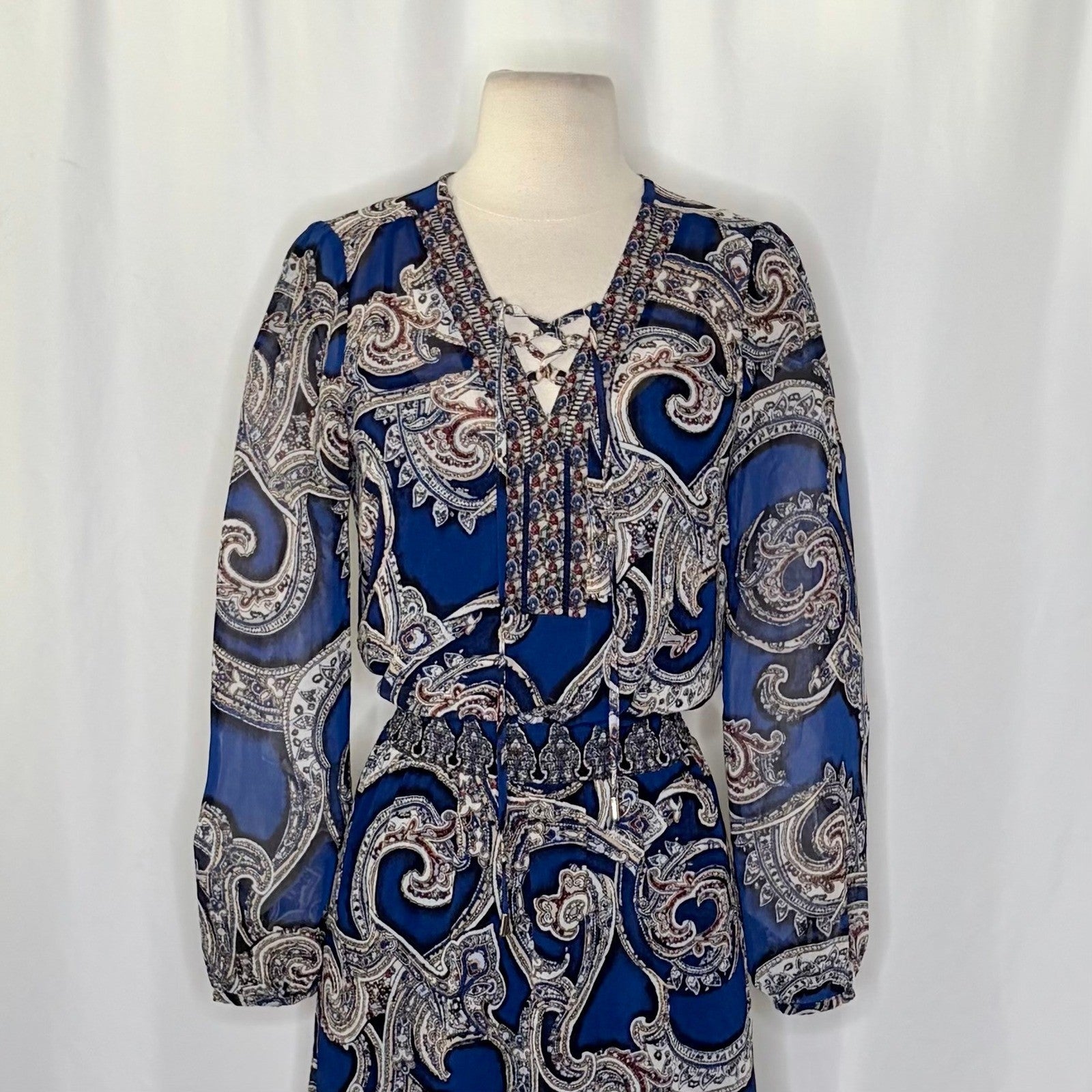 NEW!! WHBM Blue Paisley Smocked Waist Lace-Up Dress White House Black Market 0