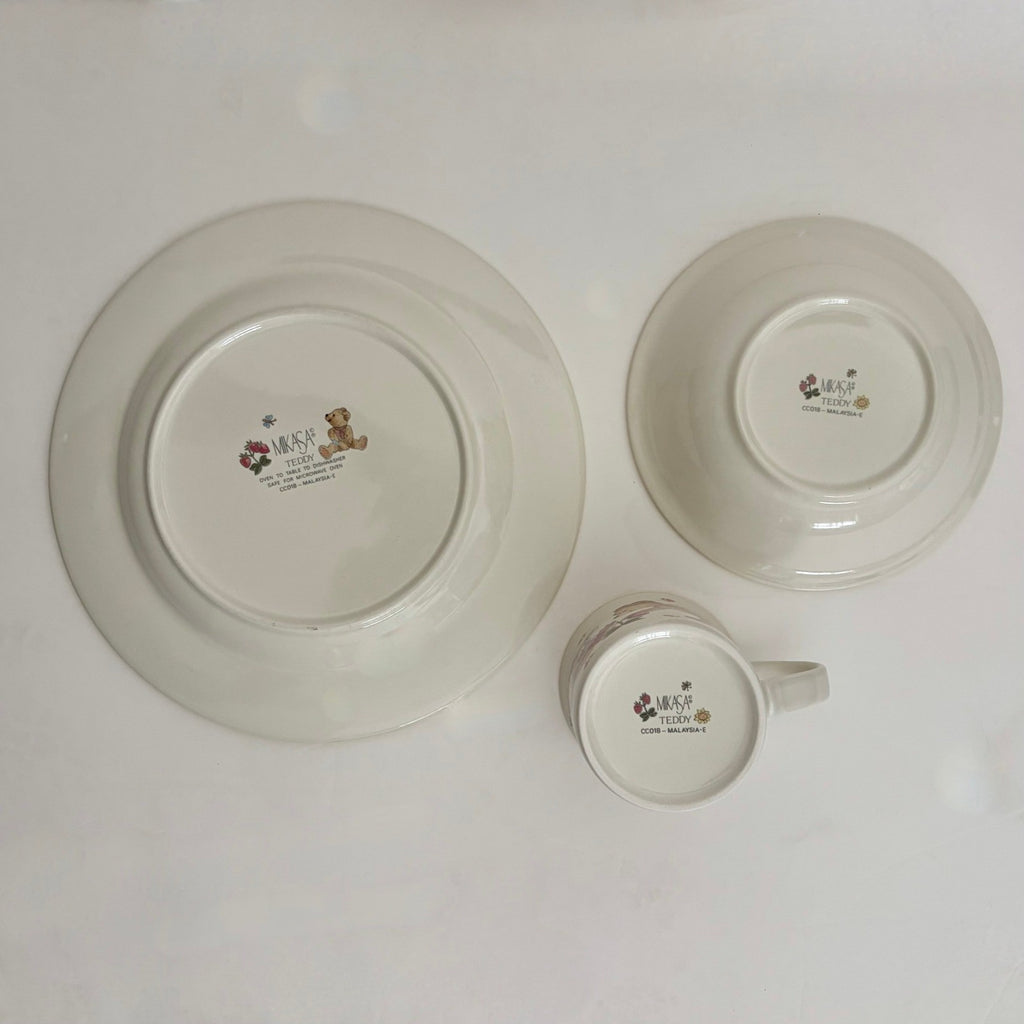 Vintage MIKASA Teddy Bear Plate Bowl Mug Set Strawberry Fruit Mouse Floral