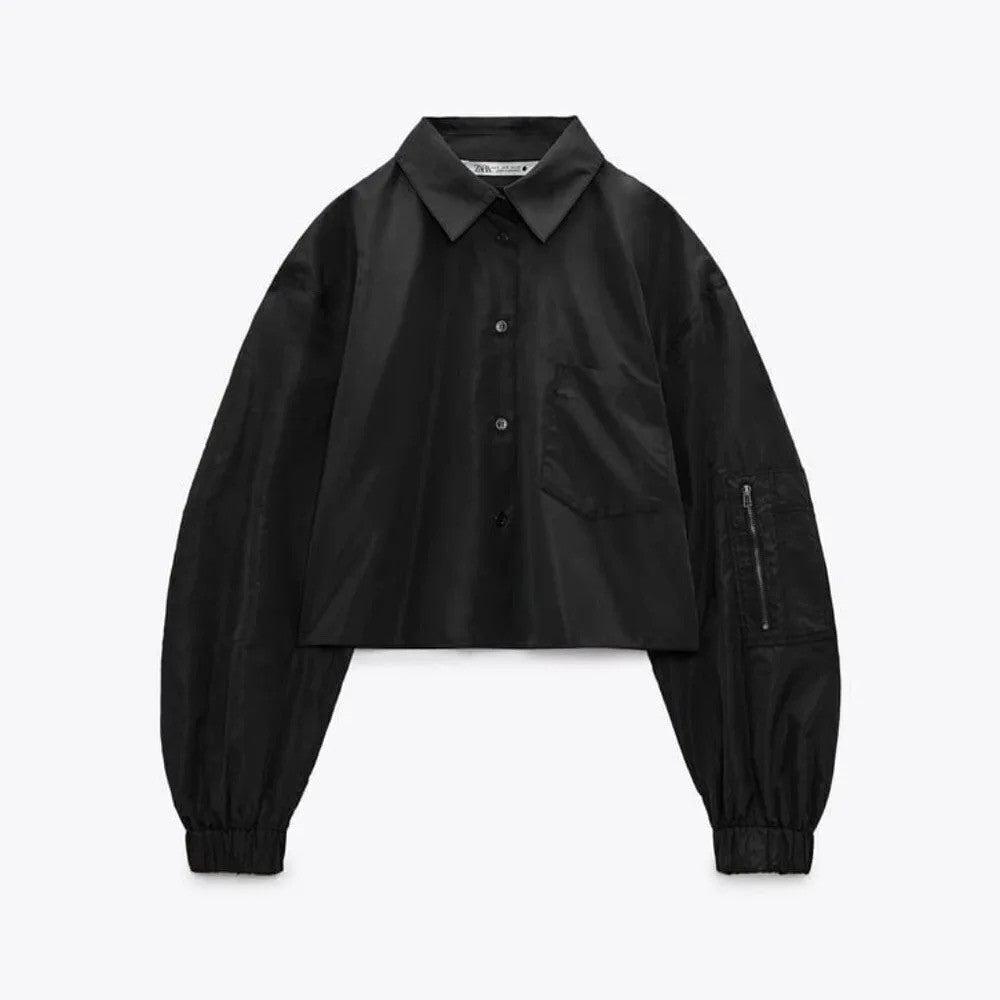 ZARA Black Cropped Pocket Shirt Gathered Long Sleeves Buttondown Solid Small