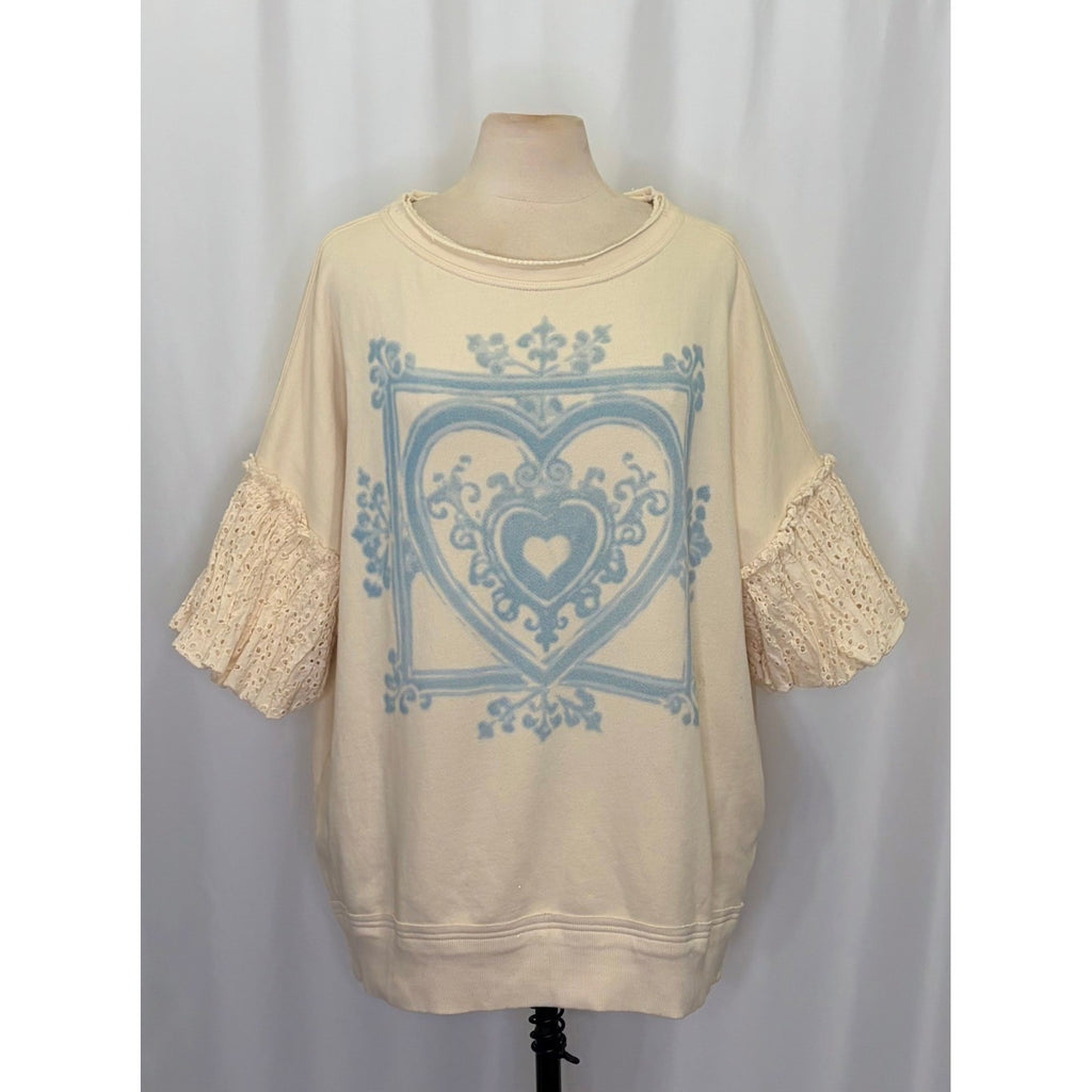 NWT!! FREE PEOPLE Doily Sweatshirt Heart Ivory Blue Eyelet Lace Bohemian Small