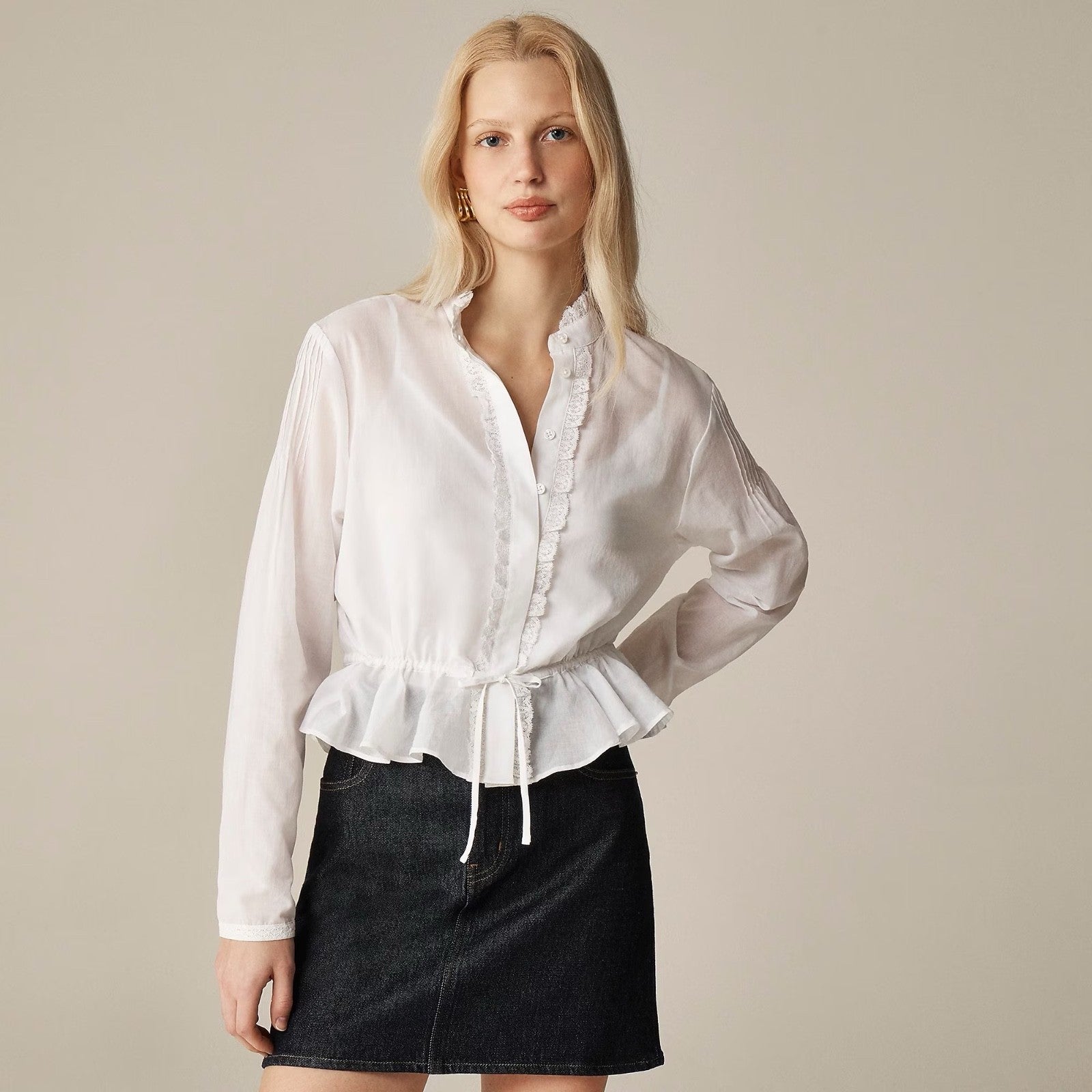 NWT!! J. CREW Lace Trim Cinched-Waist Cotton Voile White Top Blouse X-Small