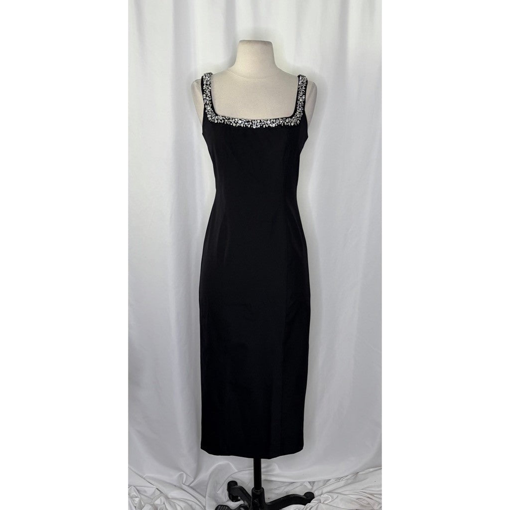 CAMILA COELHO Black Embellished Midi Sheath Dress Glam Solid Party Cocktails XS
