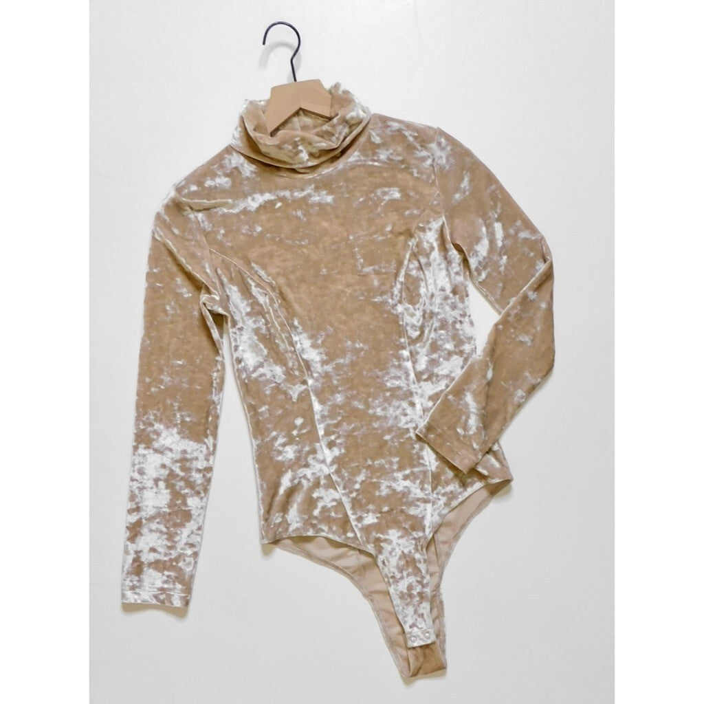 ZARA Velvet High Neck Bodysuit Top Champagne Ecru Fitted Snaps Party X-Small