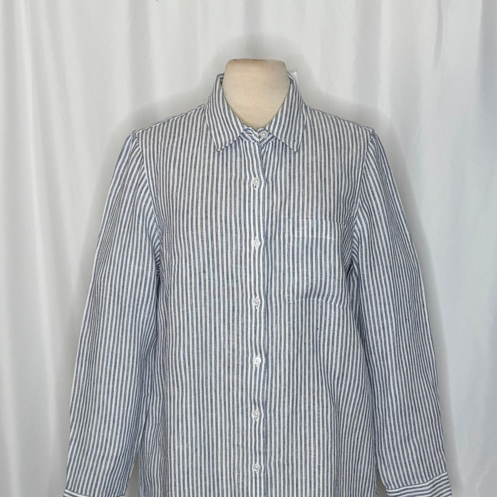 NWT!! COLDWATER CREEK Cross Dyed Striped Linen Tunic Topper Blue White Medium