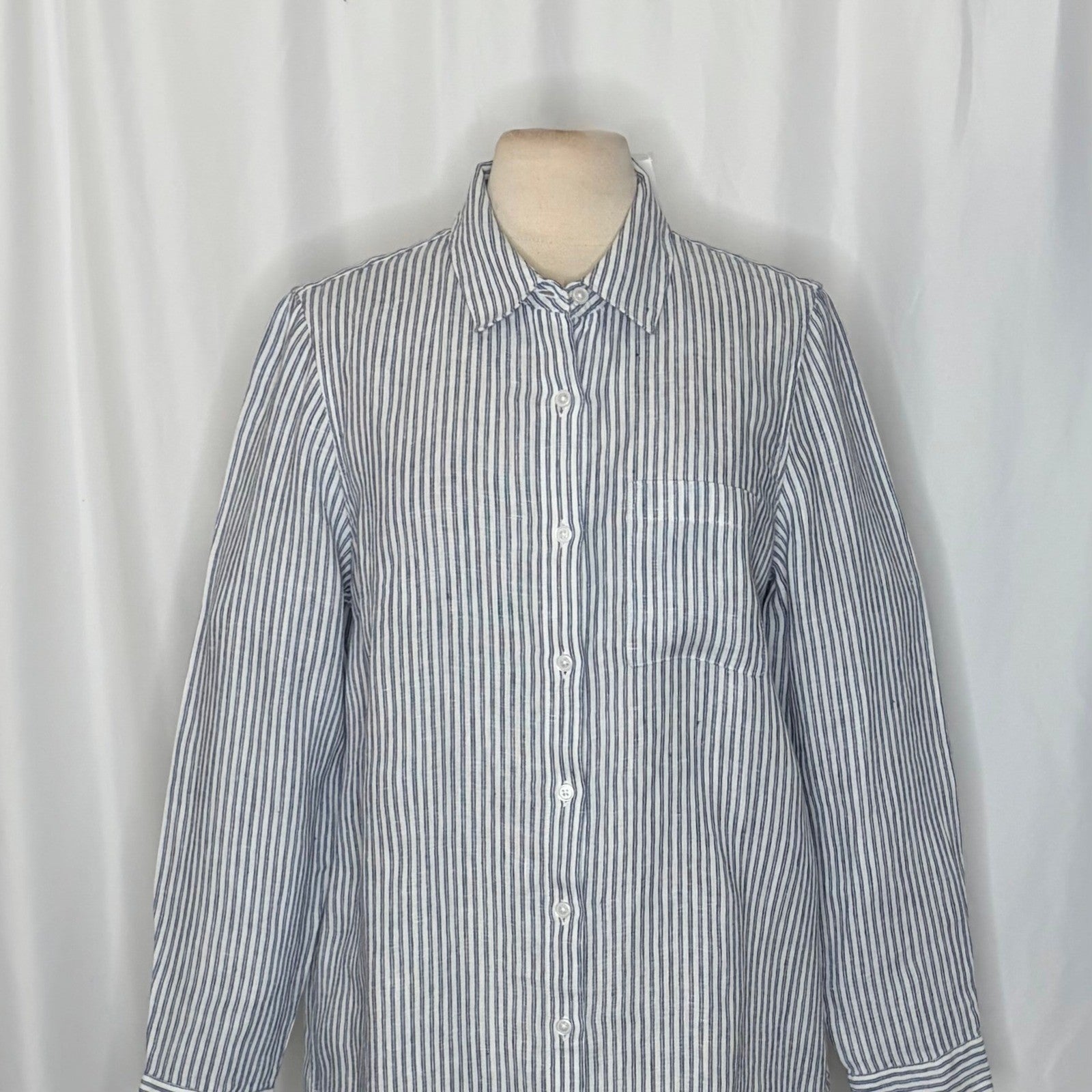 NWT!! COLDWATER CREEK Cross Dyed Striped Linen Tunic Topper Blue White Medium