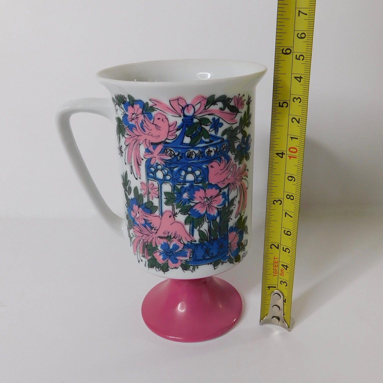 Vintage ARNART 5th Ave Birds Floral Footed Pedestal Mug Coffee Tea Pink White
