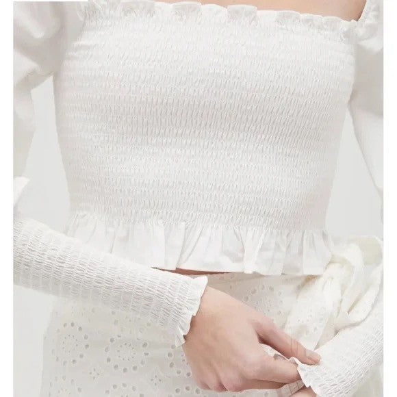 NWT!! HILL HOUSE The Grace Nap Top Smocked Solid White Cropped Ruffled Small