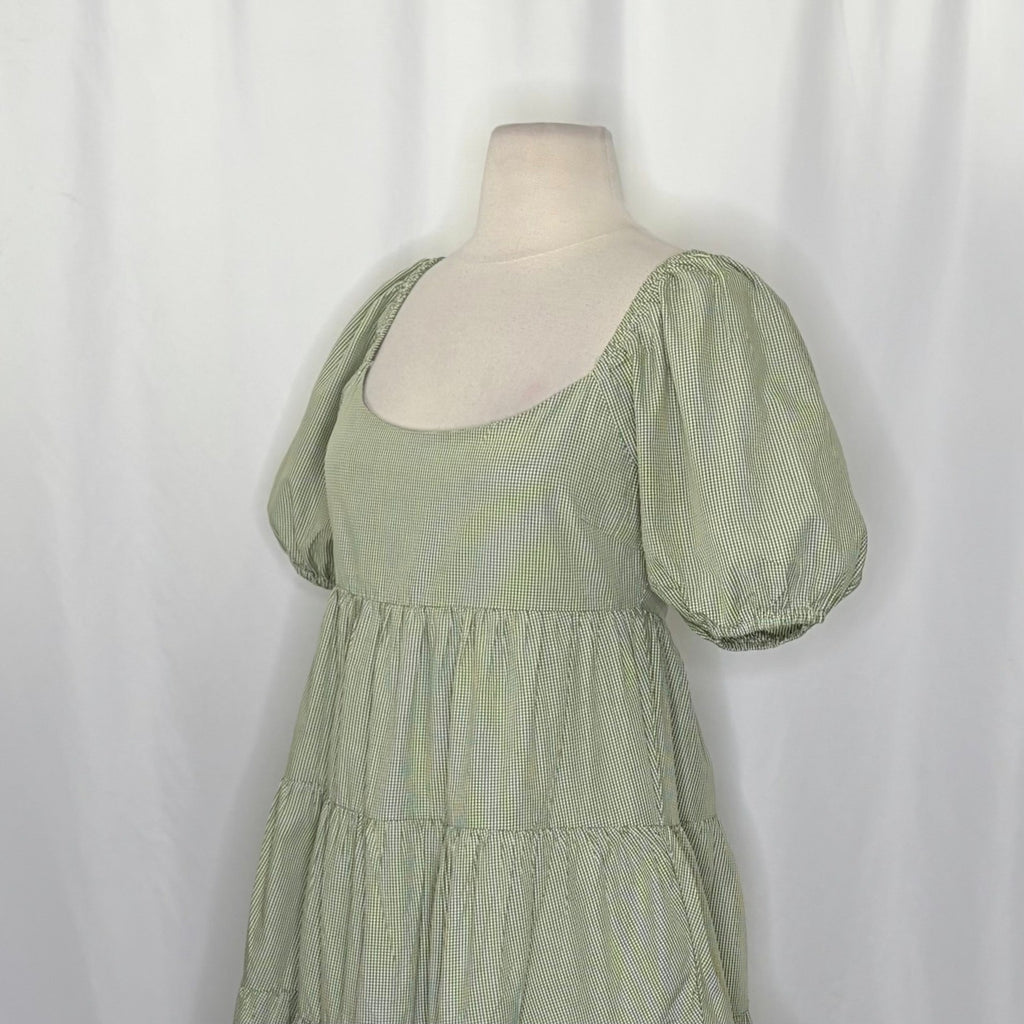 NIA Silvana Green White Gingham Babydoll Dress Tiered Mini Summer Puff Medium