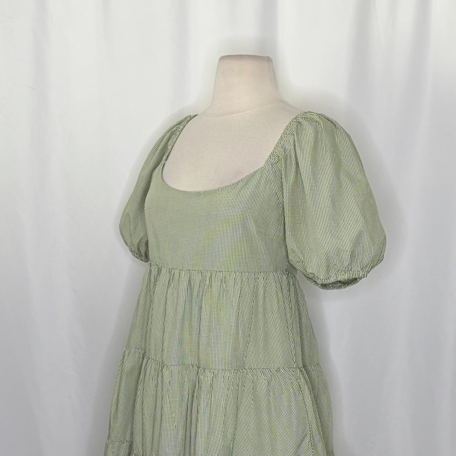 NIA Silvana Green White Gingham Babydoll Dress Tiered Mini Summer Puff Medium