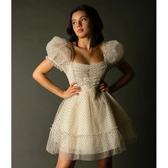 NWT!! Joyfolie MIA JOY Perla Tulle Puff Dress Polka Dots Ivory Black Medium