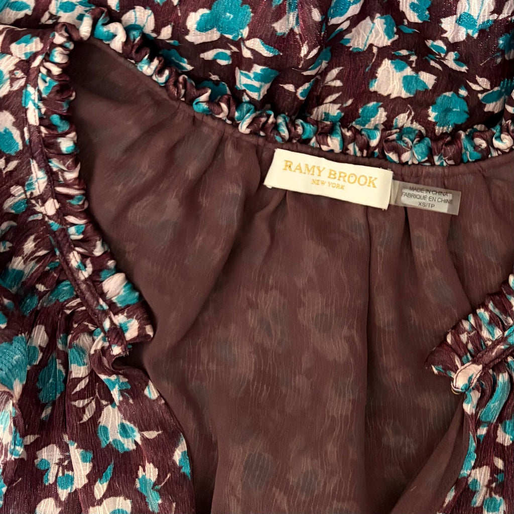 RAMY BROOK Silk Penelope Dress Roco Floral Mini Ruffled Smocked Purple Teal XS