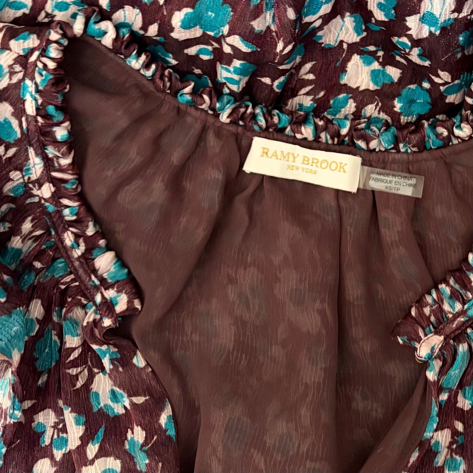 RAMY BROOK Silk Penelope Dress Roco Floral Mini Ruffled Smocked Purple Teal XS